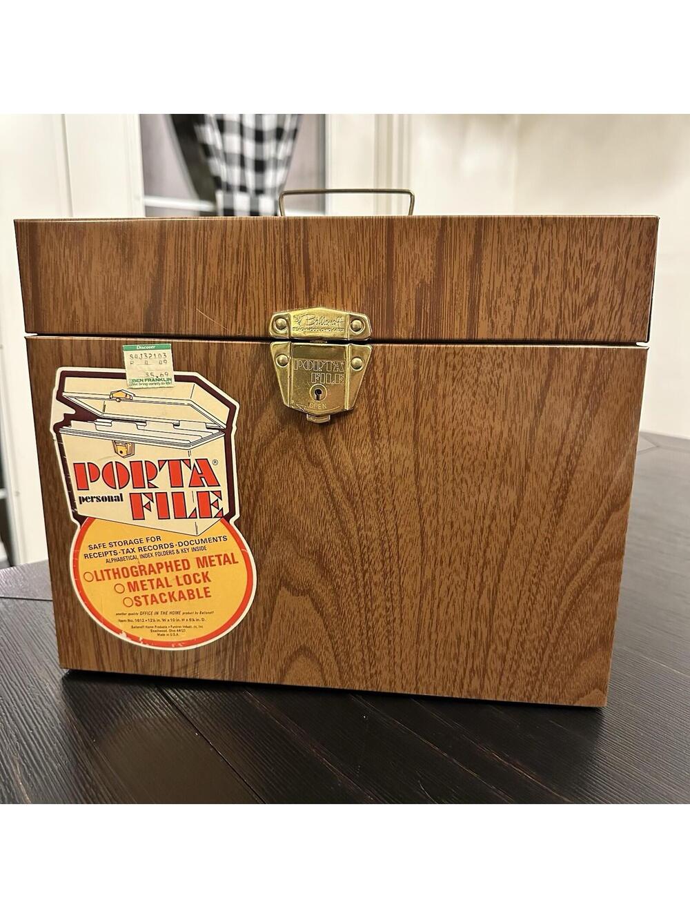 Vintage Personal Porta File By Ballonoff Wood Grain Metal Storage Box No Key VGC